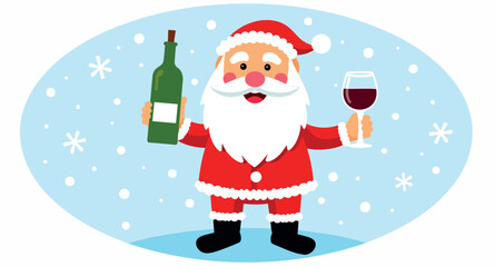 jolly santa claus holding a wine bottle and a glass of red wine in snowy winter scene