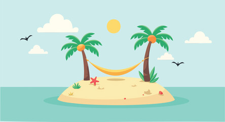 serene tropical island with hammock between palm trees