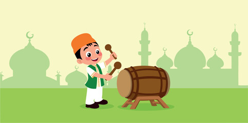joyful boy playing traditional drum in front of mosques