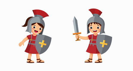two smiling children dressed in roman centurion costumes