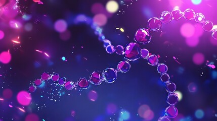 Abstract rendering of a dna strand with purple spheres and bokeh on a dark background