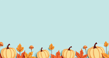 three pumpkins with autumn leaves and mushrooms on a pale-blue background
