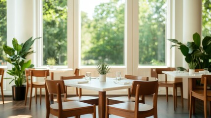 Elegant Museum Café with Large Windows Overlooking Lush Greenery and Contemporary Décor