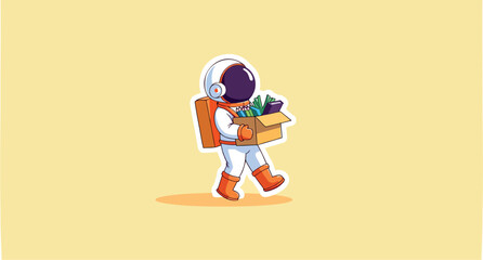 cartoon astronaut carrying a box of belongings