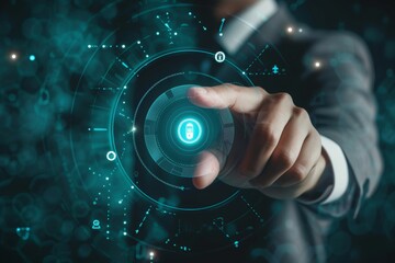 Businessman engaging biometric security by pressing a fingerprint button on a digital interface in a modern office environment during the day