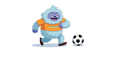 playful cartoon yeti character is kicking a soccer ball.