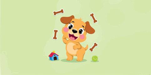 Fototapeta premium playful cartoon puppy with bones and ball