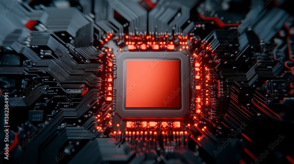 Poster advanced quantum computing system with ai-powered processing in red and black colors