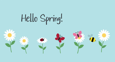 delightful spring scene featuring blooming daisies butterflies a ladybug and a bee