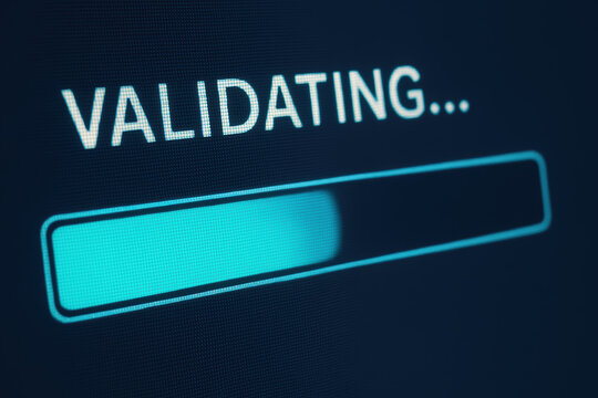 Validating process on digital screen showcasing quality assurance in technology. progress bar indicates ongoing verification