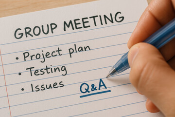 Group meeting notes highlight quality assurance and project planning with focus on testing and addressing issues