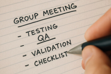 Obraz premium Group meeting notes highlight quality assurance QA processes including testing validation and checklist items for effective project management