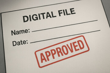 Digital file approval document showcasing quality assurance in professional setting. This emphasizes importance of verification and compliance