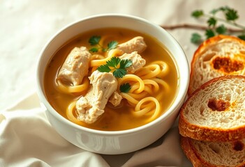 Warm and inviting bowl of chicken noodle soup