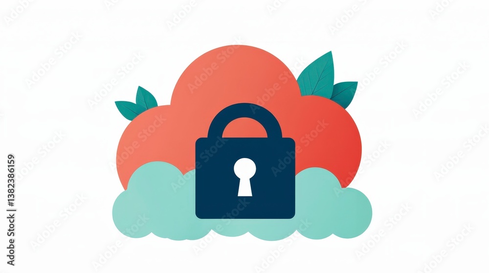 Poster abstract representation of blockchain technology with secure cloud lock and green leaves