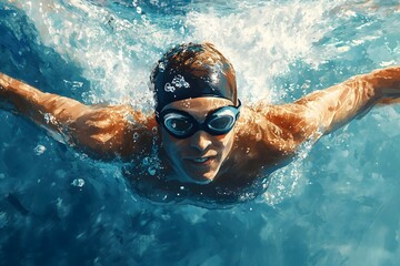 Fototapeta premium Swimmer performing a dynamic underwater stroke during a sunny day in a clear blue pool