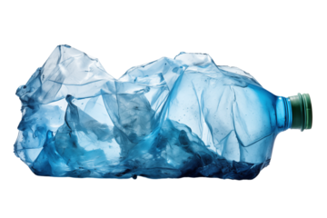 A crushed blue plastic bottle with a green cap on a  in a studio shot on transparent background png