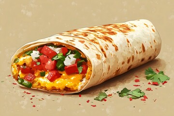 Breakfast burrito featuring scrambled eggs, cheese, and fresh vegetables wrapped in a warm tortilla with vibrant colors