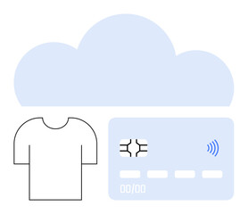 T-shirt icon, cloud shape, and contactless payment card. Ideal for online shopping, cloud services, e-commerce, payment solutions, digital transactions, financial tools abstract line flat metaphor