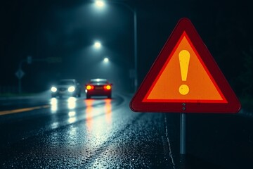 Red warning sign with exclamation mark on wet road at night. Dangerous triangular roadsign alerts drivers, pedestrians. Car with headlights in background indicates accident risk