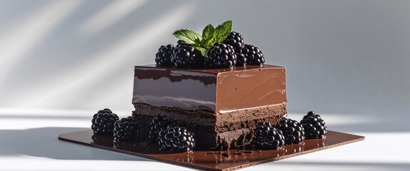 A rich layered chocolate dessert garnished with fresh blackberries and mint