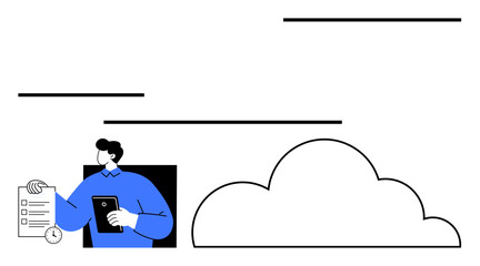 Person holding tablet and checklist near cloud graphic, symbolizing task management, productivity, digital tools, cloud technology, remote work. Ideal for workflow, planning, tech trends minimal