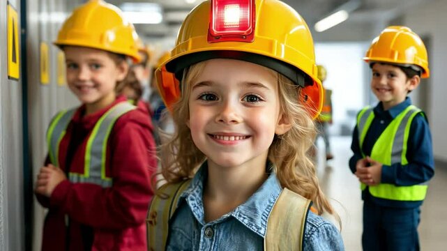 A fire safety training session in a school, children learning how to use emergency exits.