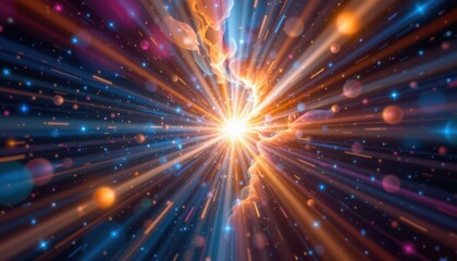 Celestial Rays Rays of light breaking through a colorful nebula in space, surrounded by glowing stars and cosmic dust.