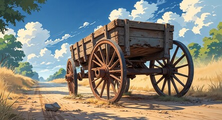Obraz premium Old cart with rusted wheels left abandoned near a dry dirt road anime cartoon style illustration artwork design background