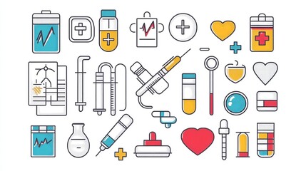 Collection of medical icons and symbols in a flat design style on a white background
