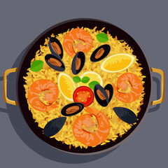 Top view of spicy paella isolated on a gray background for a cooking or catering concept. Spanish food prepared with yellow rice and seafood on a table at a restaurant, kitchen or buffet from above