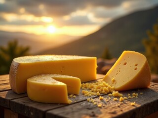 Yellow cheese wedge is on a wooden table with a mountain in the background. The sun is setting