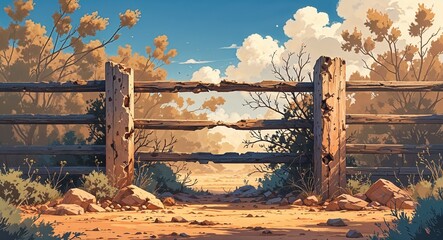 Old crumbling fence surrounded by parched soil and dry bushes anime cartoon style illustration artwork design background