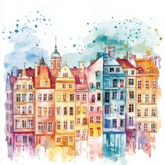 Fototapeta premium Vibrant Watercolor Cityscape of Colorful Buildings