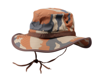 A camouflage bucket hat with a brown band and a drawstring against a  image view on transparent background png
