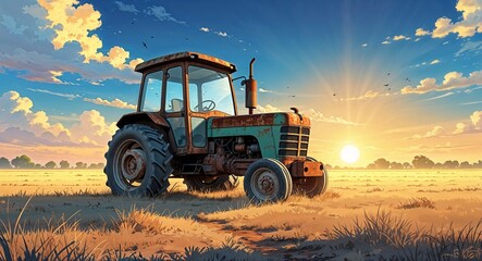 Fototapeta premium Old rusty tractor left in the middle of a dry field under the sun anime cartoon style illustration artwork design background