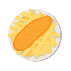 Top view of fish and chips or pub grub on a plate, isolated on a white background. Traditional British food with deep fried hake and fries on a kitchen table at a tavern, bar or restaurant from above