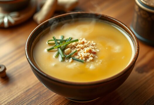 A steaming hot Miso Soup in a traditional Japanese ceramic bowl