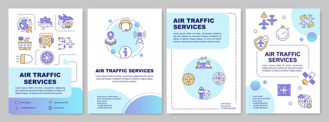 Air navigation technologies blue gradient brochure layout. Satellite technology, radar. Leaflet advertising design with color line icons. Editable 4 pages. Arial-Bold, Myriad Pro-Regular fonts used