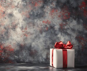 Christmas background with a white gift box and red ribbon on a table, with copy space for text