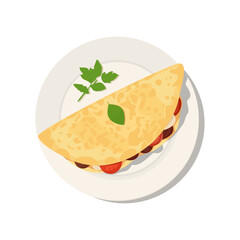 Top view of a toasted quesadilla or shawarma with a tortilla on a plate, isolated on a white background. Healthy food for lunch or snack with flatbread on a kitchen table at a pub,  bar or restaurant