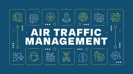 Air traffic management dark cyan word concept. Navigation systems. Tracking technology. Horizontal vector image. Headline text surrounded by editable outline icons. Hubot Sans font used