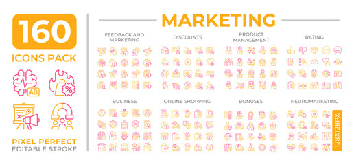 Marketing two color line icons set collection. Business promotion technique. Products management strategy bicolor outline mega pack isolated, pixel perfect. Duotone thin lineart. Editable stroke