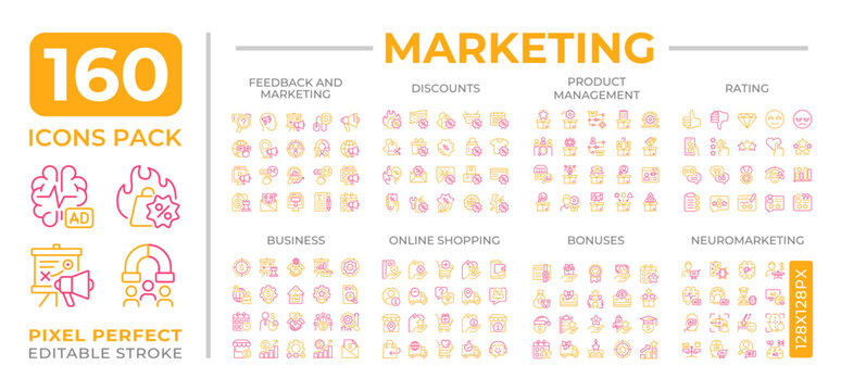 Marketing two color line icons set collection. Business promotion technique. Products management strategy bicolor outline mega pack isolated, pixel perfect. Duotone thin lineart. Editable stroke