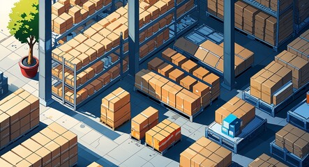Overhead view of a large industrial warehouse with goods on shelves anime cartoon style illustration artwork design background