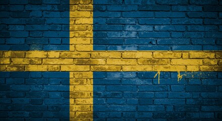 Swedish flag mural, spray-painted on a distressed, weathered brick wall texture
