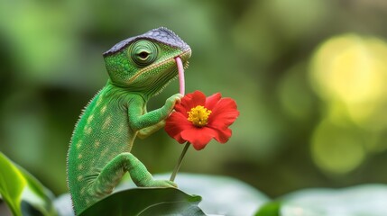 Adorable Green Chameleon and Red Flower: A Moment of Nature's Beauty