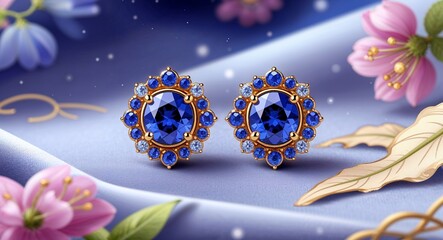 Pair of sapphire studded earrings on an elegant fabric anime cartoon style illustration artwork design background