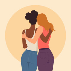 Two best girl friends hugging in support of Friendship Day, love and empathy in rear view. Couple of happy young women embrace in trust, care and comfort, feeling safe in a healthy relationship