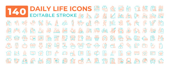 Daily life two color line icons set collection. Everyday activities at home and work experience. Routine tasks planning bicolor outline mega pack isolated. Duotone thin lineart. Editable stroke